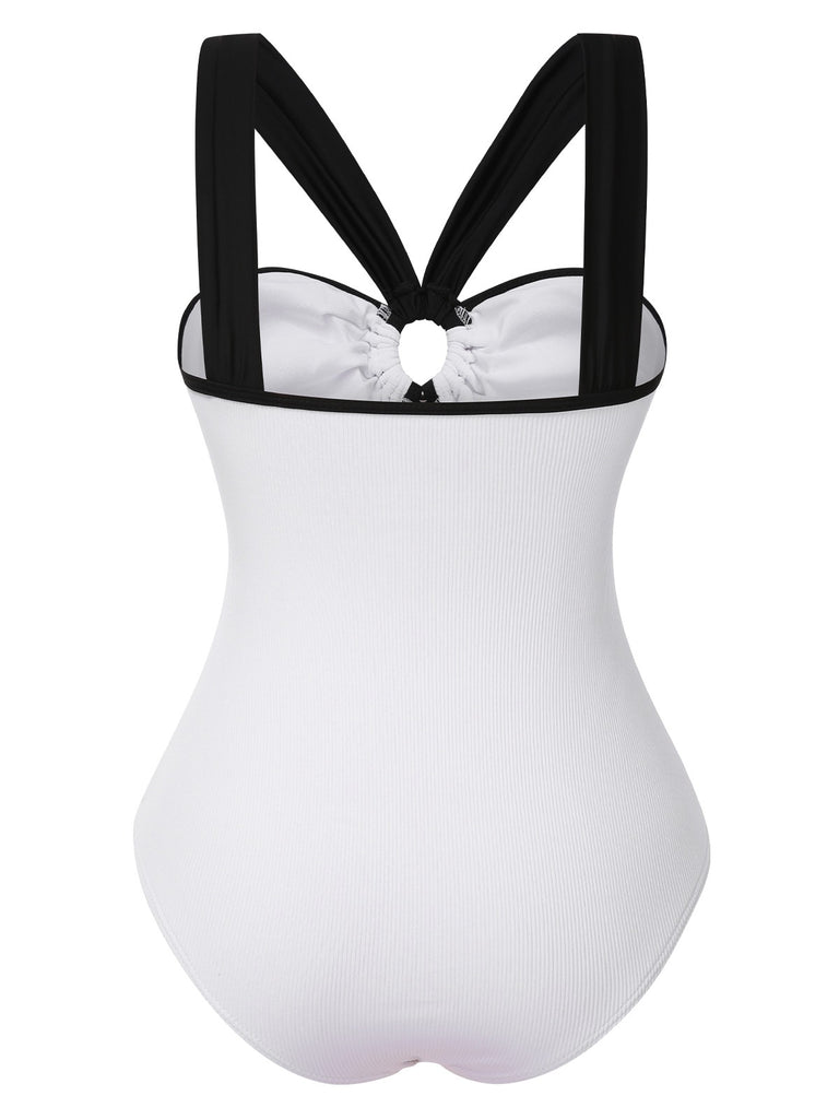 White 1950s Waist Cutout Colorblock One-Piece Swimsuit