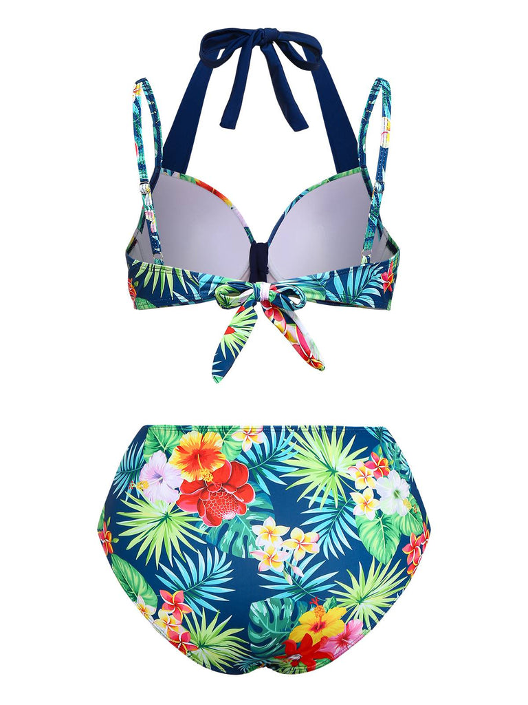 Multicolor 1950s Tropical Plants Patchwork Bikini Set