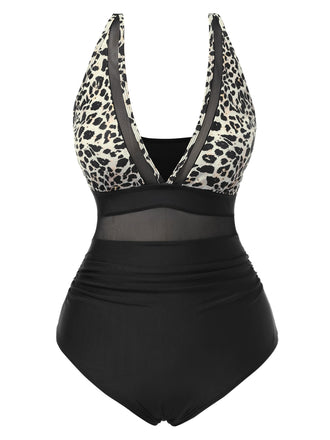 1950s Leopard Deep V-Neck Patchwork Swimsuit