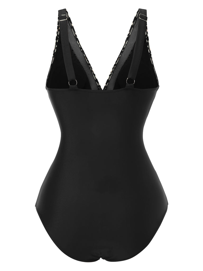 1950s Leopard Deep V-Neck Patchwork Swimsuit