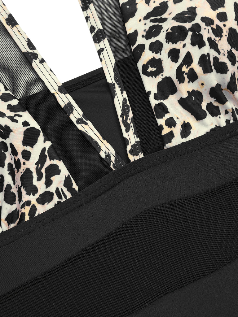 1950s Leopard Deep V-Neck Patchwork Swimsuit