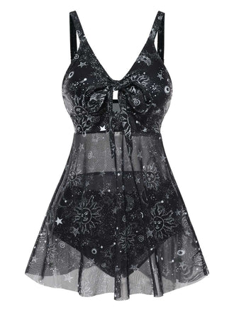 Black 1930s Mesh Hollow-Out Sun Moon Print Swimdress