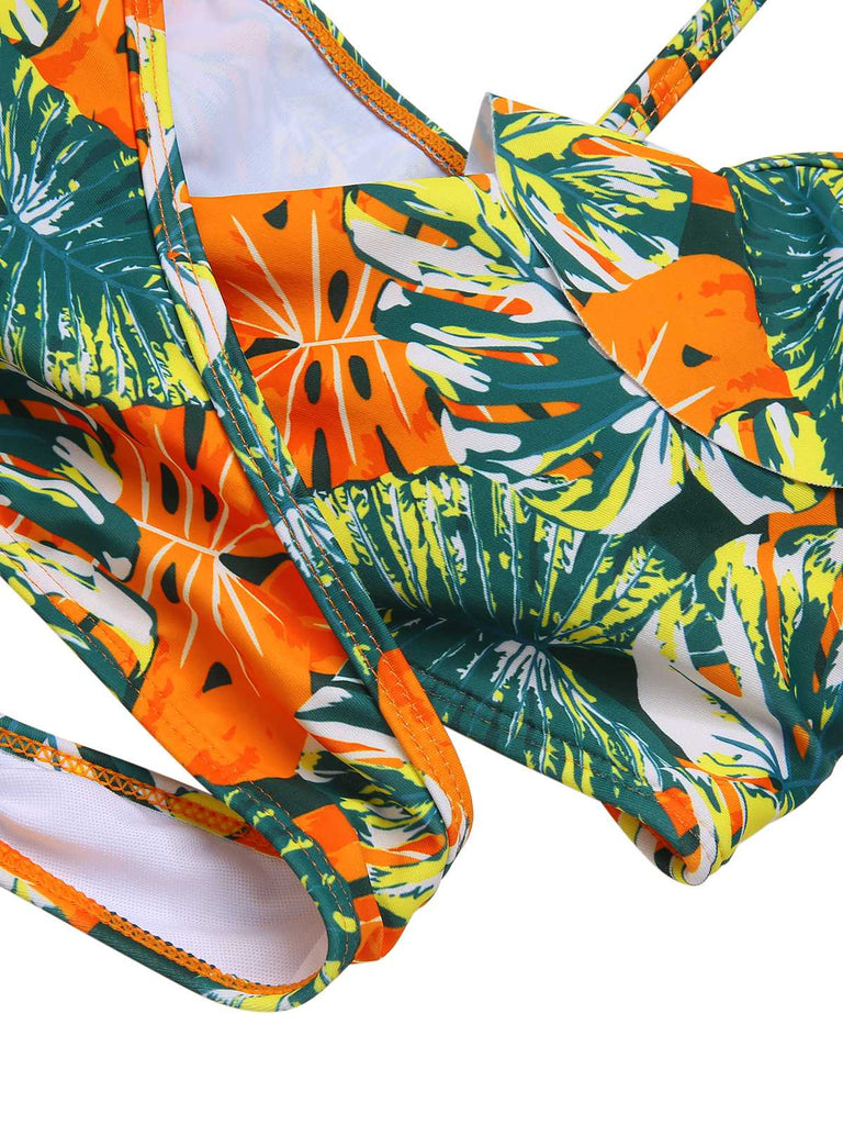 1960s Ruffles Strap Tropical Plants Wrap Bikini Set