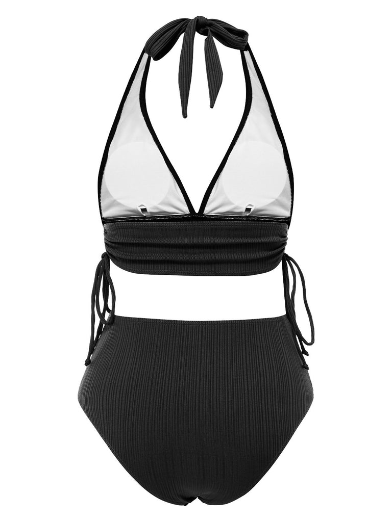 1930s Textured Fabric Solid Halter Lace-Up Swimsuit
