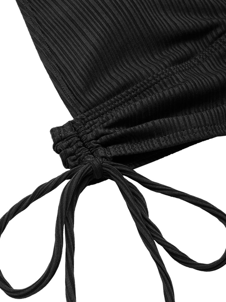 1930s Textured Fabric Solid Halter Lace-Up Swimsuit