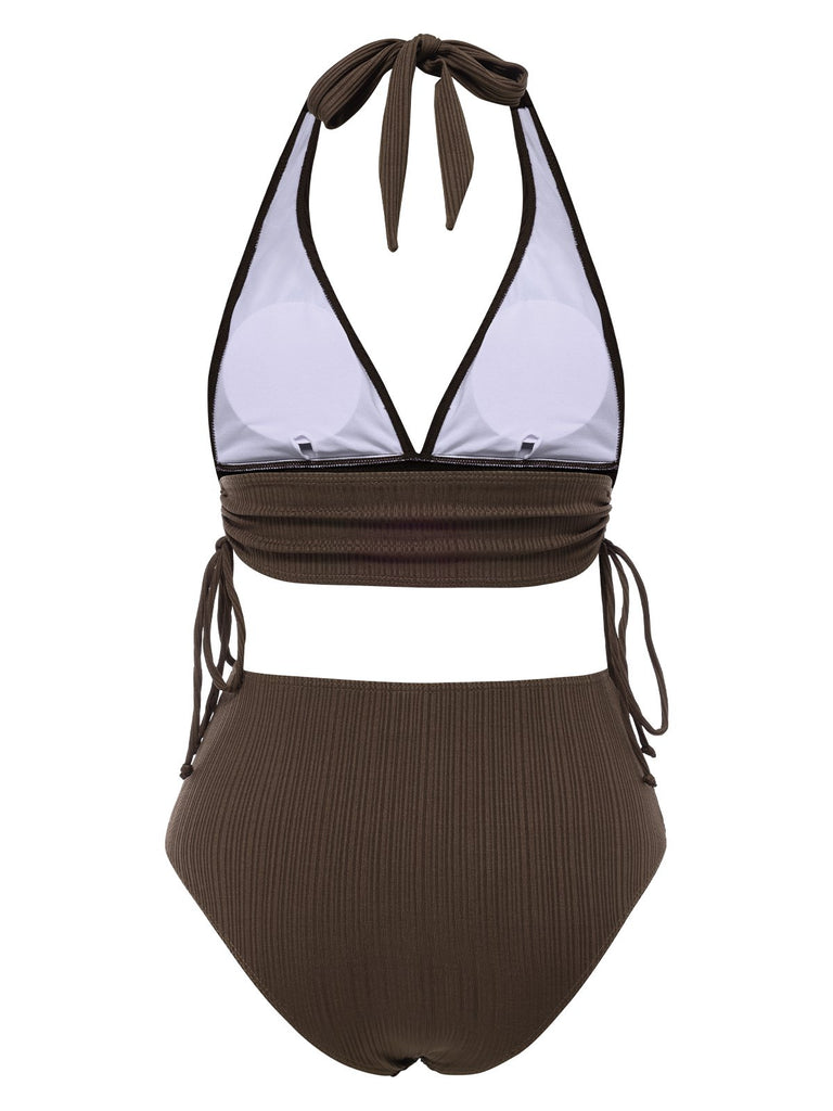 1930s Textured Fabric Solid Halter Lace-Up Swimsuit