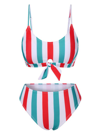 1940s Spaghetti Strap Bow Contrast Stripes Bikini