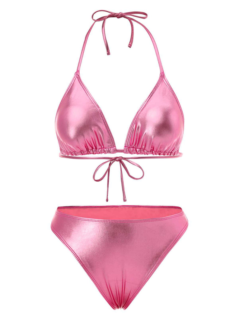 1970s Halter Metallic Bikini & Ruched Cover-Up