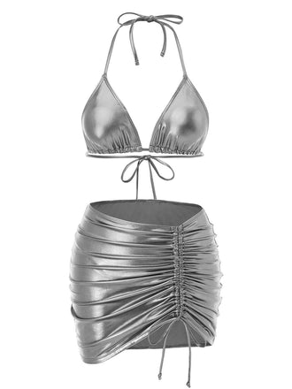1970s Halter Metallic Bikini & Ruched Cover-Up