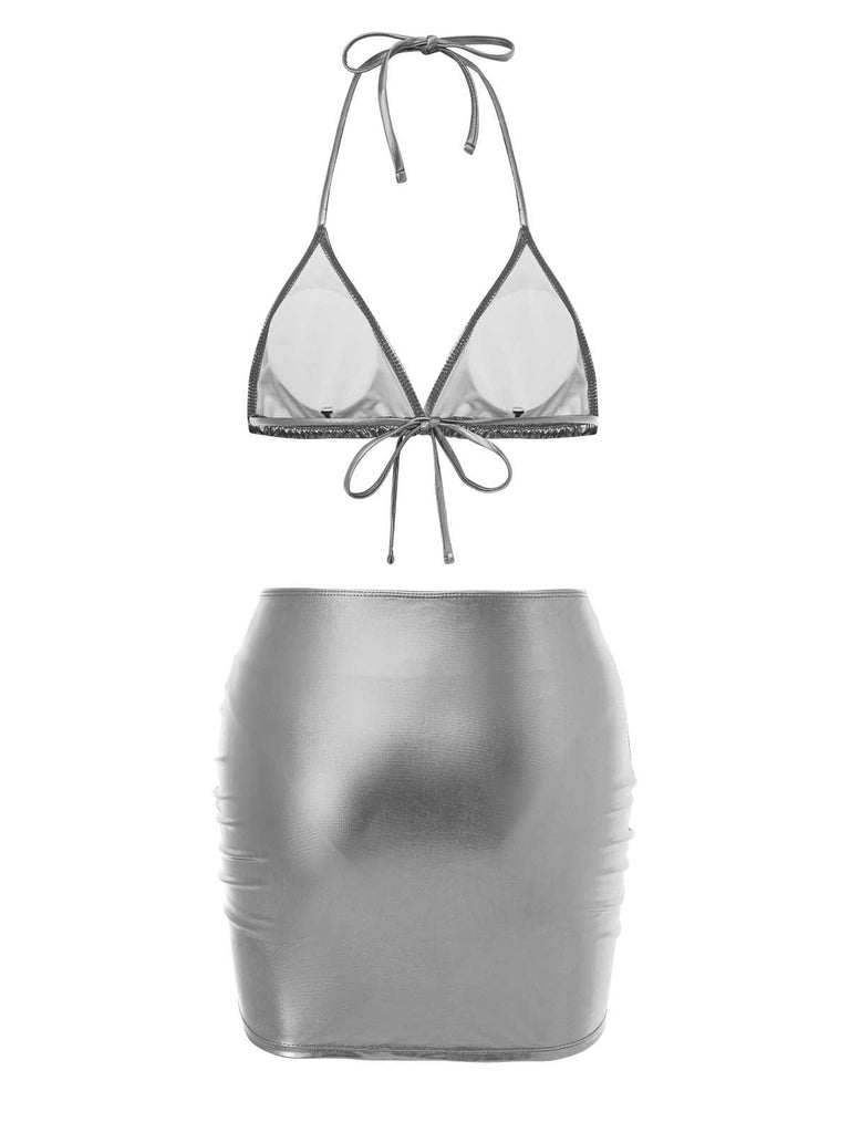 1970s Halter Metallic Bikini & Ruched Cover-Up