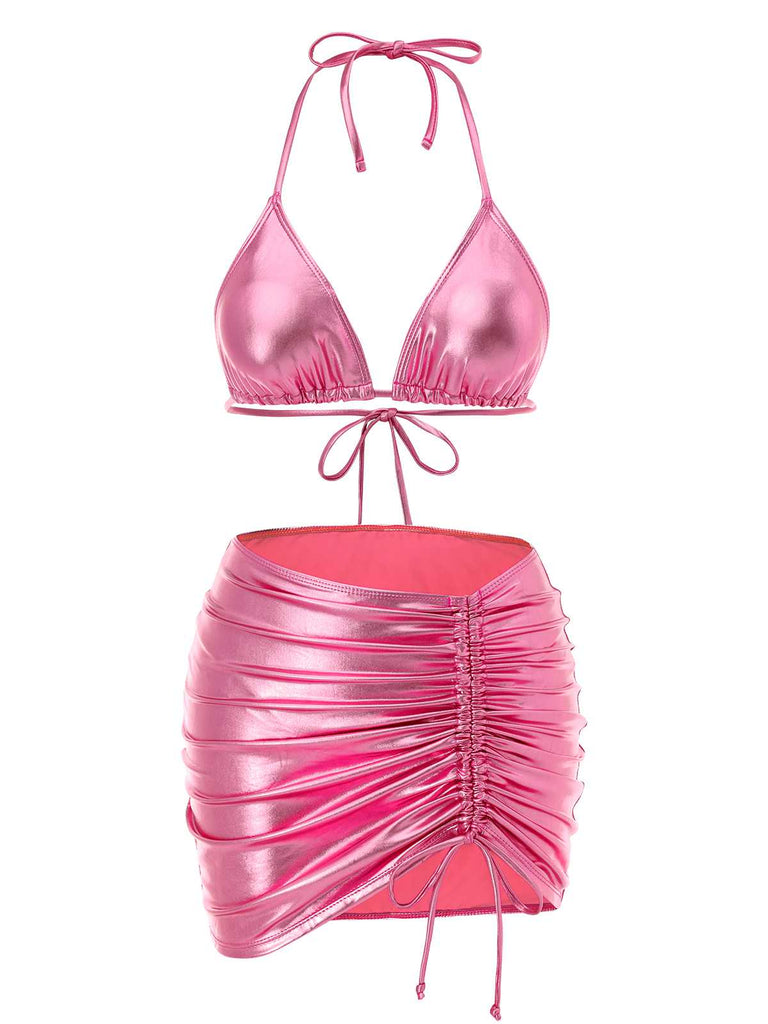 1970s Halter Metallic Bikini & Ruched Cover-Up