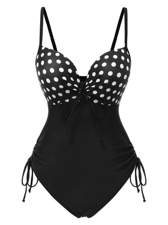 Black 1950s Spaghetti Strap Polka Dot One-Piece Swimsuit