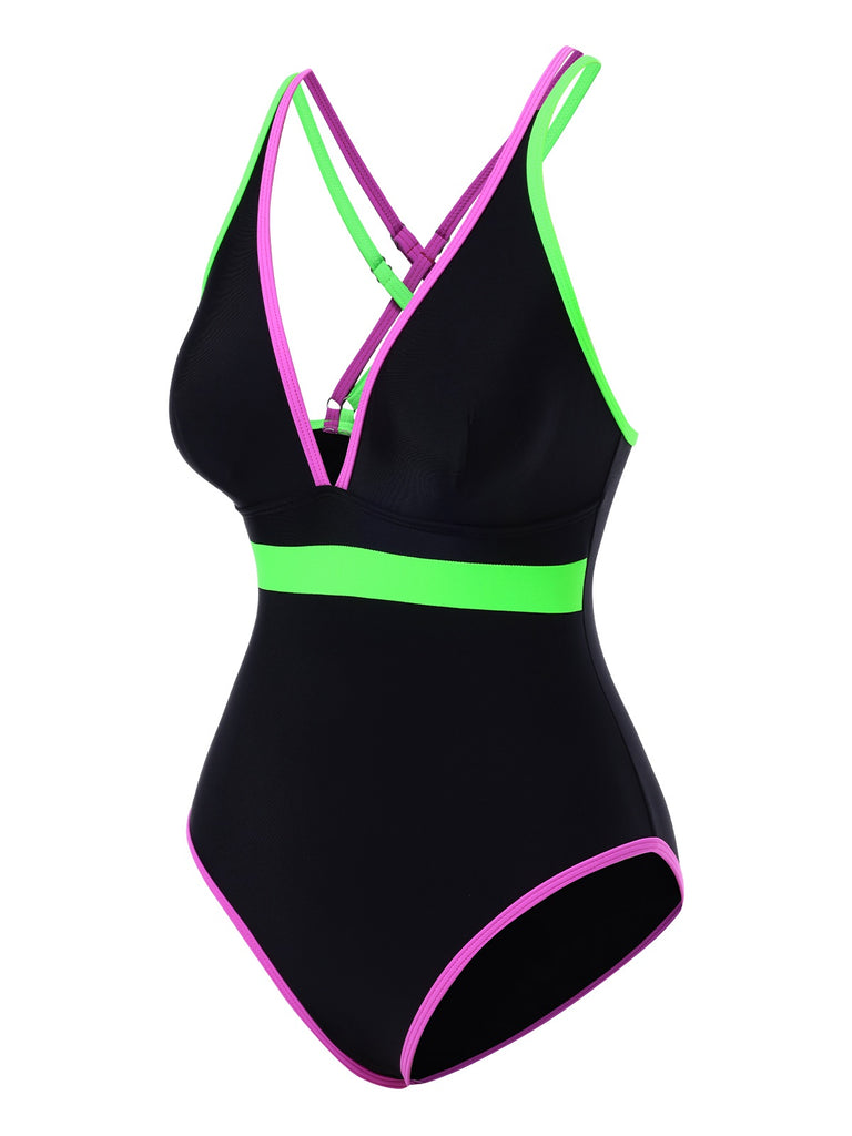 Black 1960s Double Straps Colorblock Binding Swimsuit