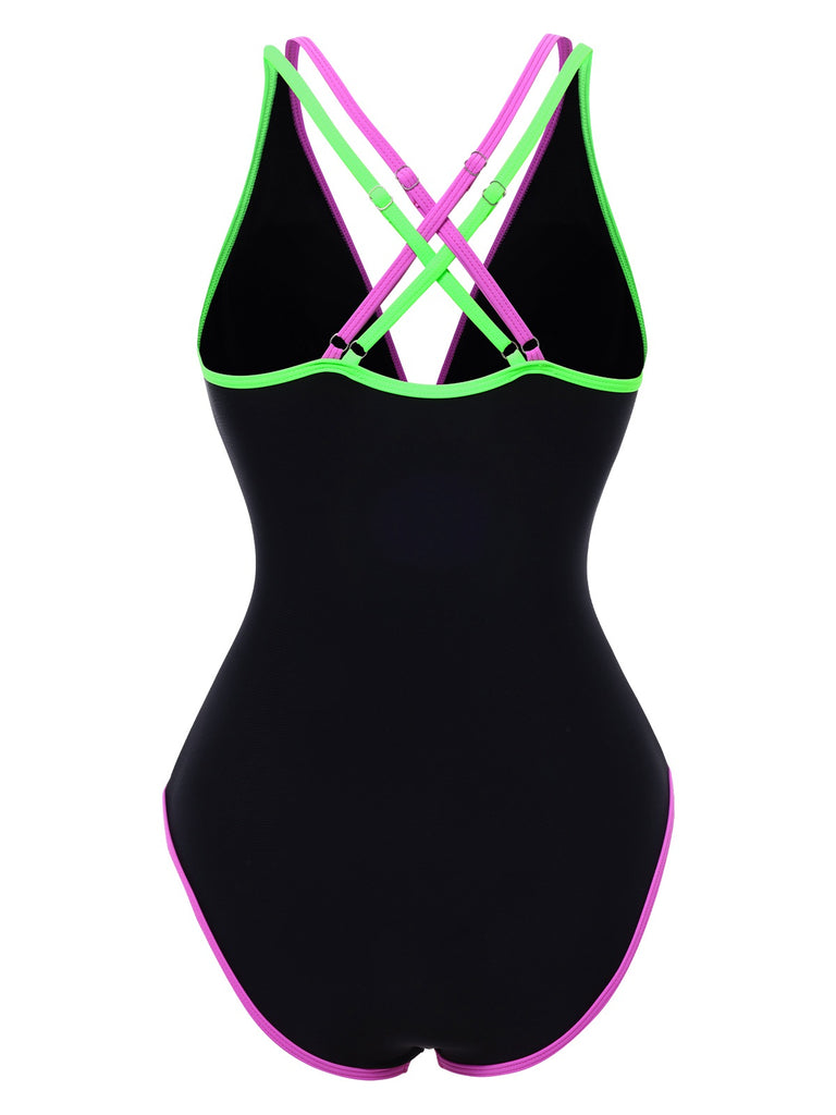 Black 1960s Double Straps Colorblock Binding Swimsuit