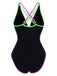 Black 1960s Double Straps Colorblock Binding Swimsuit