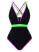 Black 1960s Double Straps Colorblock Binding Swimsuit