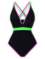 Black 1960s Double Straps Colorblock Binding Swimsuit