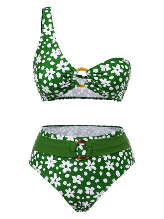 Green 1950s One-Shoulder Floral Bikini Set