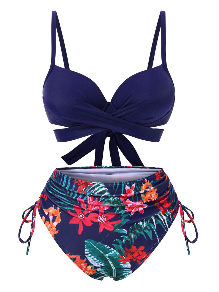 2PCS Blue 1960s Floral Plant Print Bikini Sets & Cover-Up