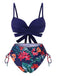 2PCS Blue 1960s Floral Plant Print Bikini Sets & Cover-Up