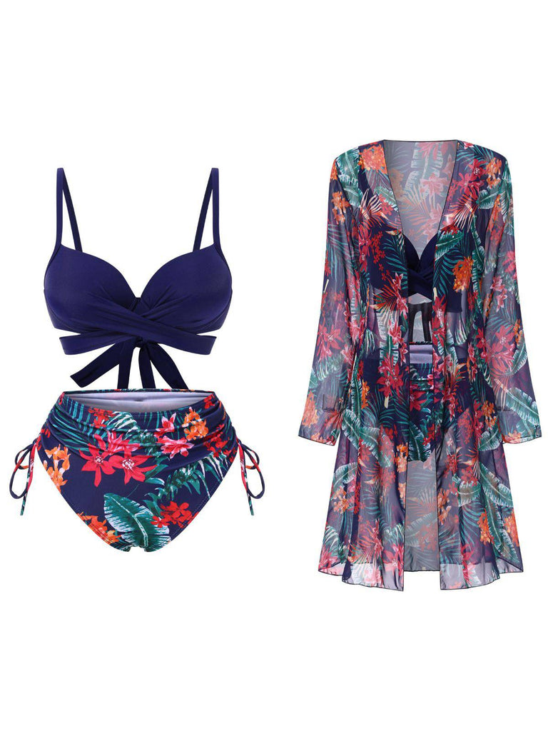 2PCS Blue 1960s Floral Plant Print Bikini Sets & Cover-Up