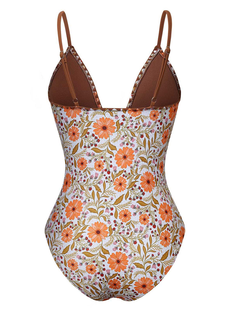 Khaki 1950s Floral Keyhole One-Piece Swimsuit