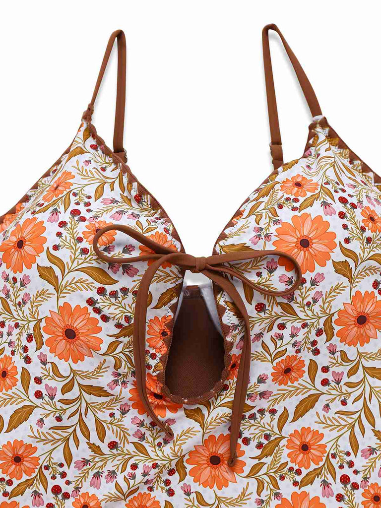 Khaki 1950s Floral Keyhole One-Piece Swimsuit