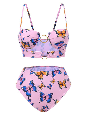 Pink 1950s Hollow Ring Butterfly Bikini Set