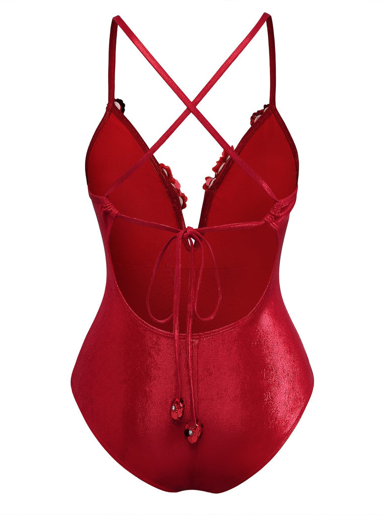 Red 1960s Deep-V Glitter 3D Floral One-Piece Swimsuit