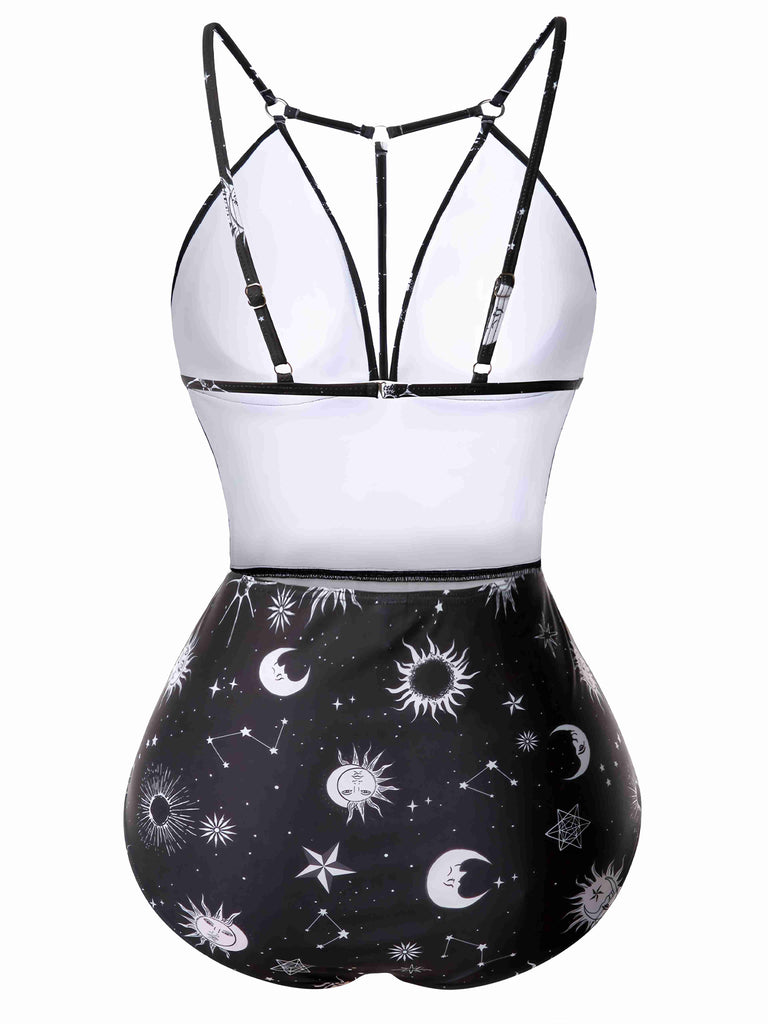 1980s Deep V-Neck Gothic Star Moon One-Piece Swimsuit