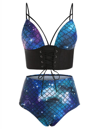 Deep Blue 1980s Gothic Starry Sky Fish Scale Swimsuit