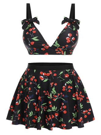 [Plus Size] Black 1950s Cherry Bow V-Neck Swimsuit