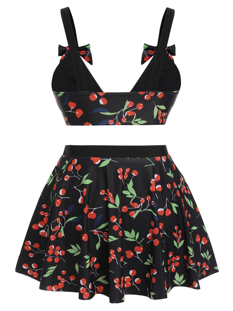 [Plus Size] Black 1950s Cherry Bow V-Neck Swimsuit