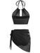 2PCS Black 1980s Gothic Skull Mesh Halter Bikini Set & Cover Up