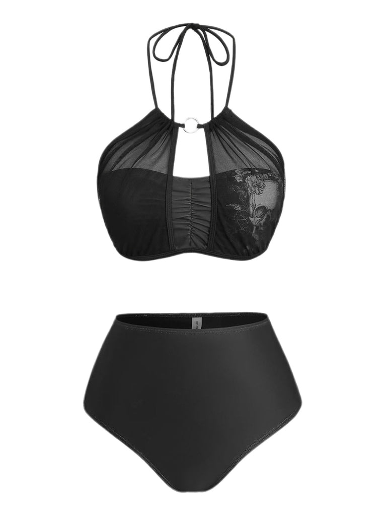 2PCS Black 1980s Gothic Skull Mesh Halter Bikini Set & Cover Up