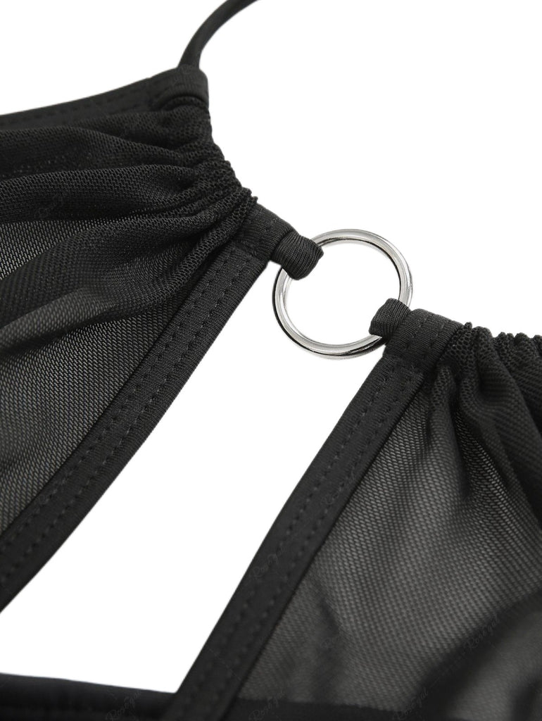 2PCS Black 1980s Gothic Skull Mesh Halter Bikini Set & Cover Up