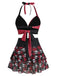 [Pre-Sale] Black & Red 1980s Gothic Skull Rose Halter Skirt Swimsuit