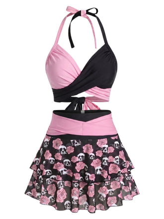 Black & Pink 1980s Gothic Skull Rose Halter Skirt Swimsuit