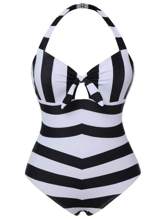 [Plus Size] Black & White 1950s Barbie Striped Halter One-Piece Swimsuit