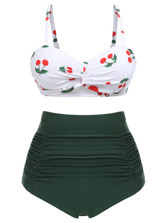 [Plus Size] Green 1950s Sweetheart Neckline Cherry Spaghetti Strap Bikini Set