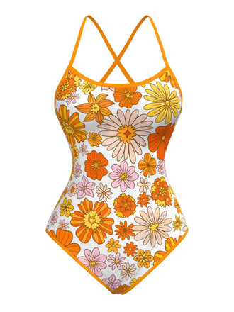 Orange 1960s Daisy Cross Back One-Piece Swimsuit