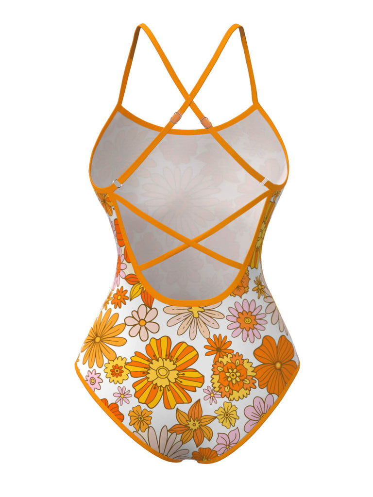 Orange 1960s Daisy Cross Back One-Piece Swimsuit