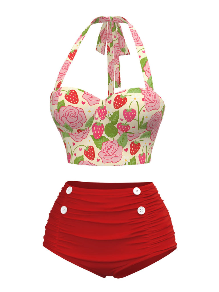 Red 1950s Rose & Strawberry Halter Swimsuit