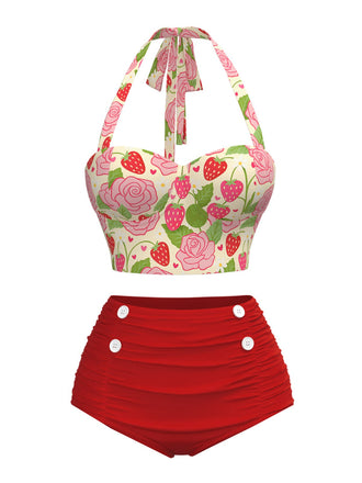 Red 1950s Rose & Strawberry Halter Swimsuit