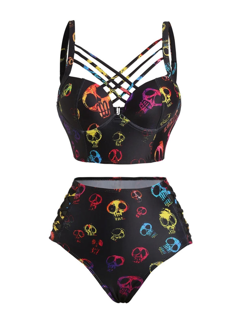 Black 1980s Gothic Steampunk Skull Bikini Set