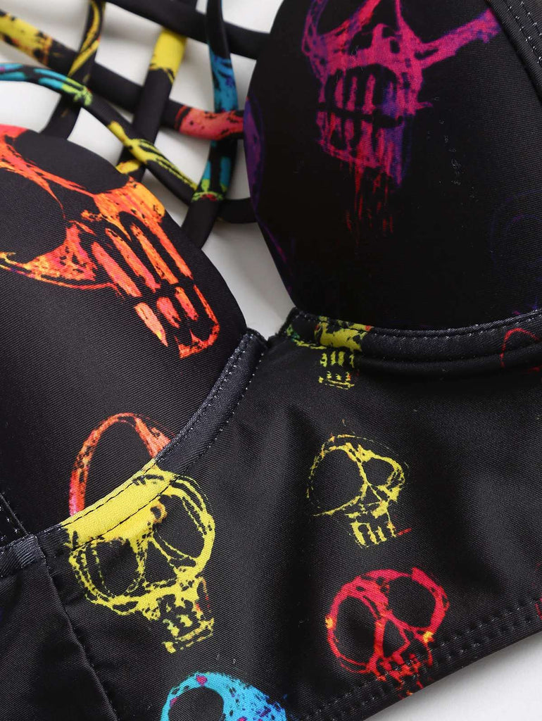 Black 1980s Gothic Steampunk Skull Bikini Set