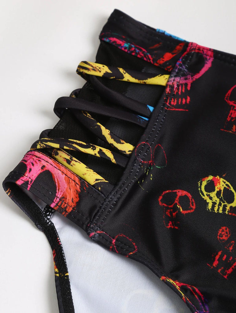 Black 1980s Gothic Steampunk Skull Bikini Set