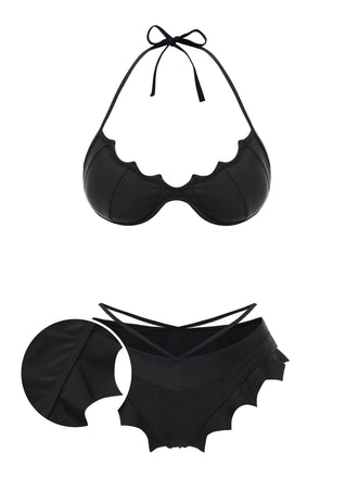 Black 1980s Solid Gothic Bat Wings Bikini Set