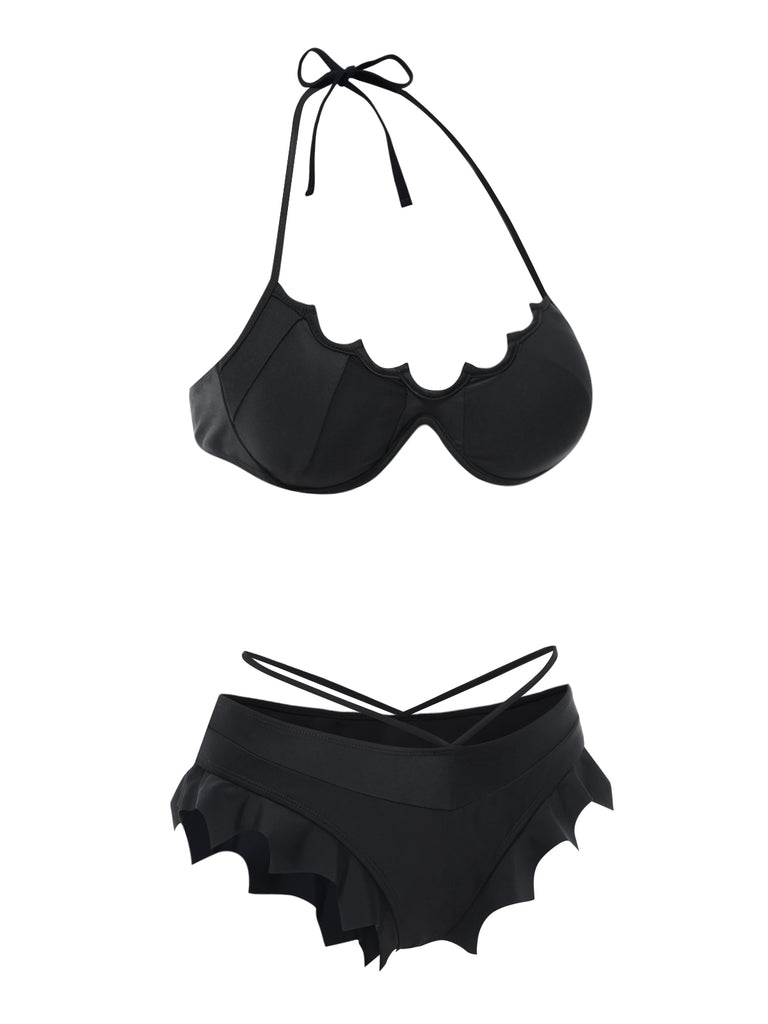 Black 1980s Solid Gothic Bat Wings Bikini Set