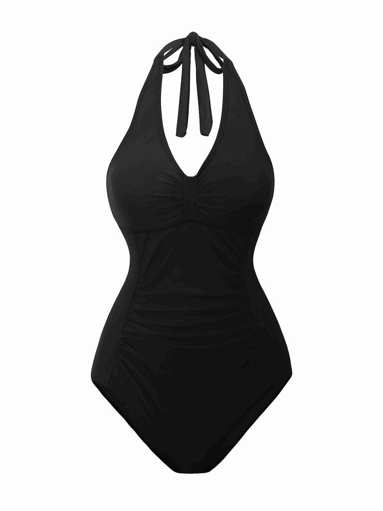 1950s Solid V-Neck Ruched Halter One-Piece Swimsuit